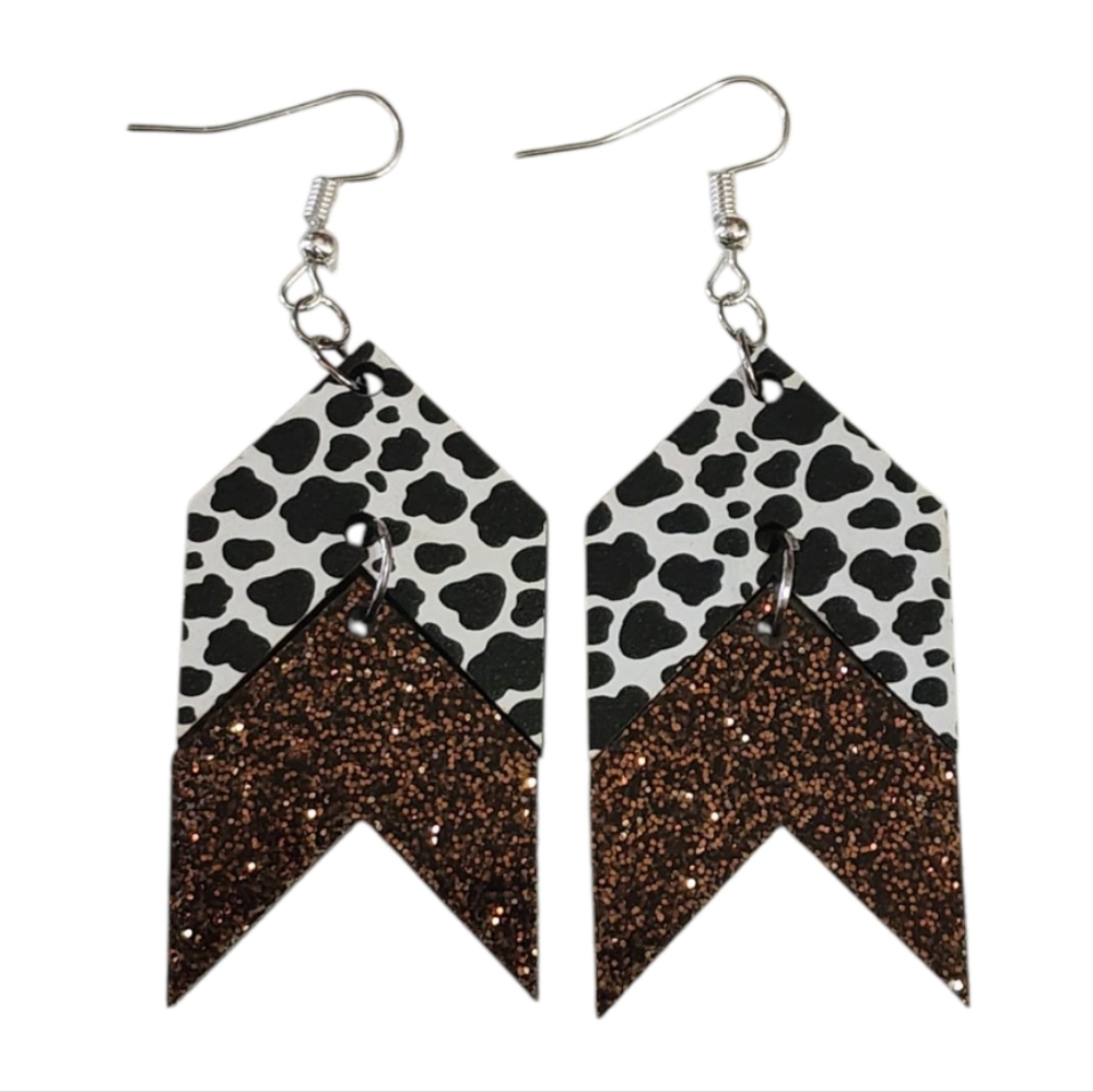 Cow Print & Bronze Chevron Acrylic Drop Earrings